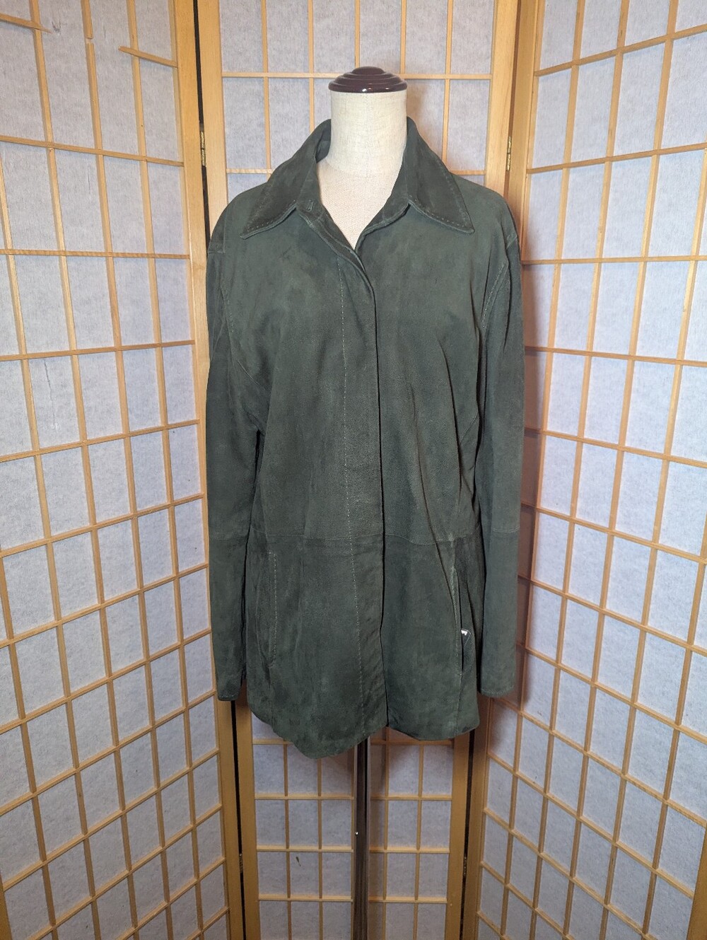 Max Mara Green Suede Leather Jacket Buttons Pockets Made Italy Maxmara Size 12